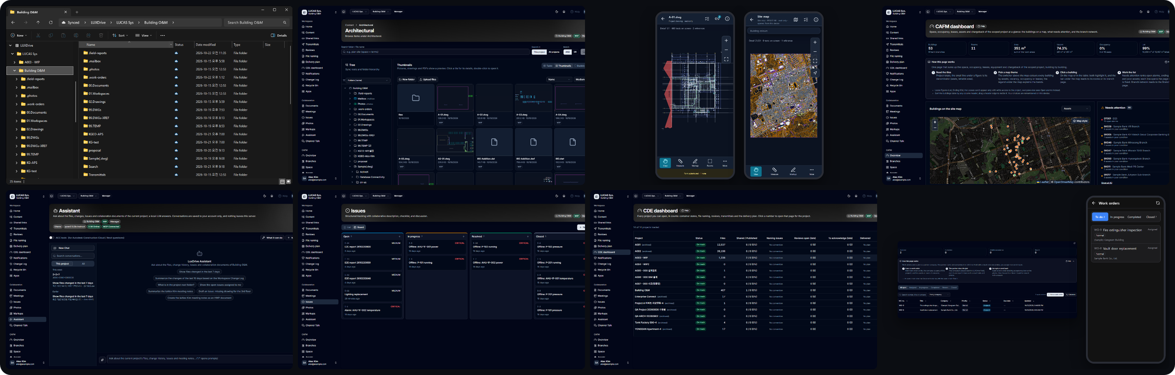LUXDrive on eight screens: Windows Explorer, thumbnails, the mobile viewer, facility management, the assistant, issues, the ISO 19650 dashboard and work orders with the Field app